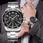 MEGIR 2064 men's chronograph watch, silver case with black dial and stainless steel bracelet, front and wrist view