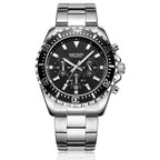 MEGIR 2064 men's chronograph watch, silver case with black dial and stainless steel bracelet, front studio view