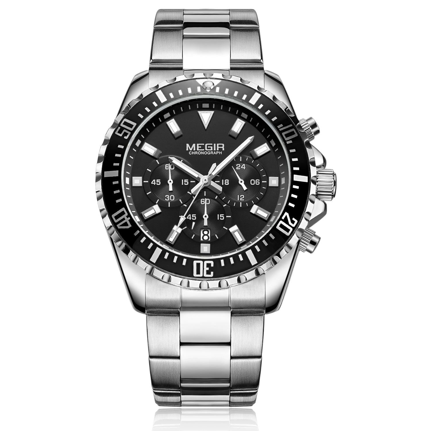 MEGIR 2064 men's chronograph watch, silver case with black dial and stainless steel bracelet, front studio view