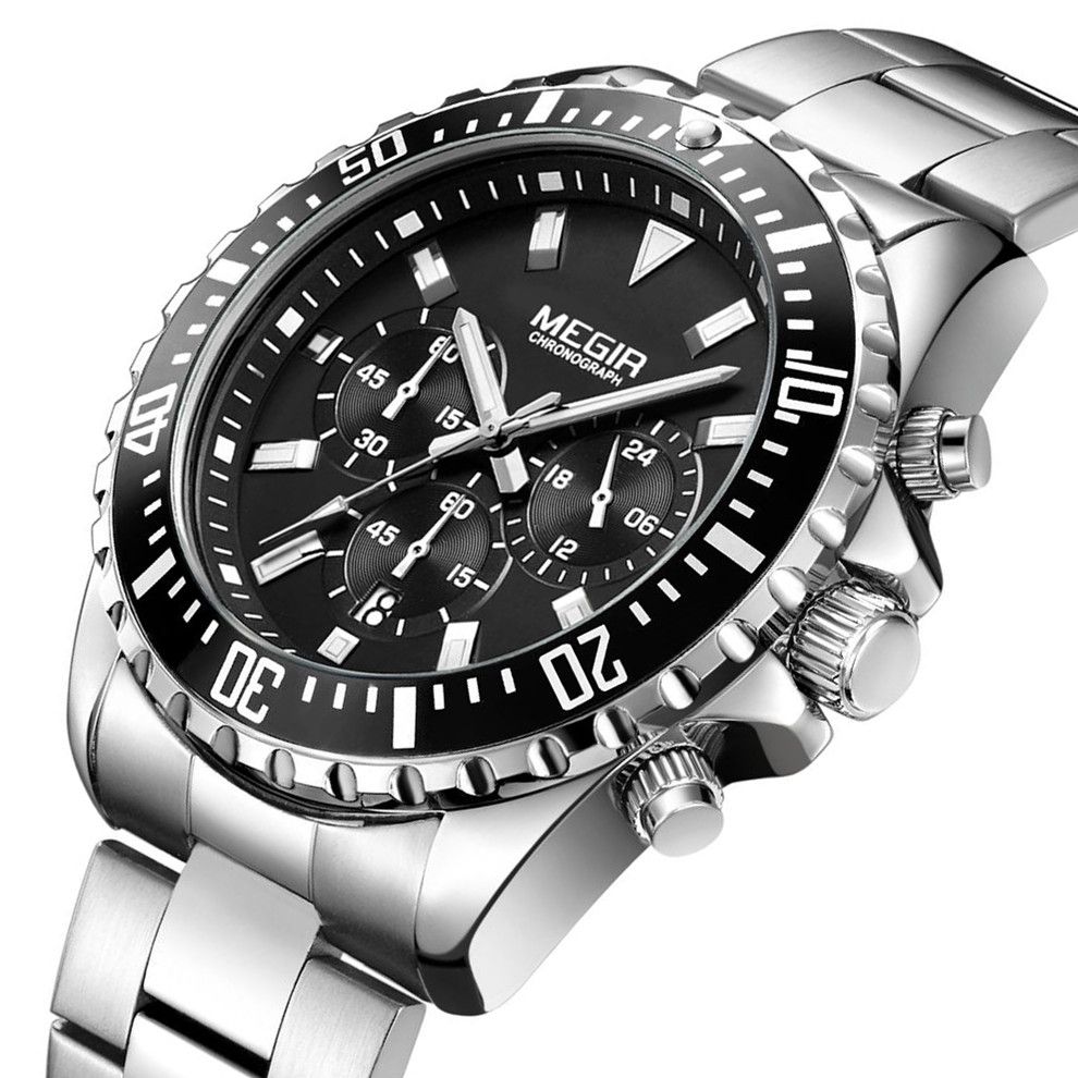 MEGIR 2064 men's chronograph watch, silver case with black dial and stainless steel bracelet, angled view