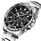 MEGIR 2064 men's chronograph watch, silver case with black dial and stainless steel bracelet, angled view