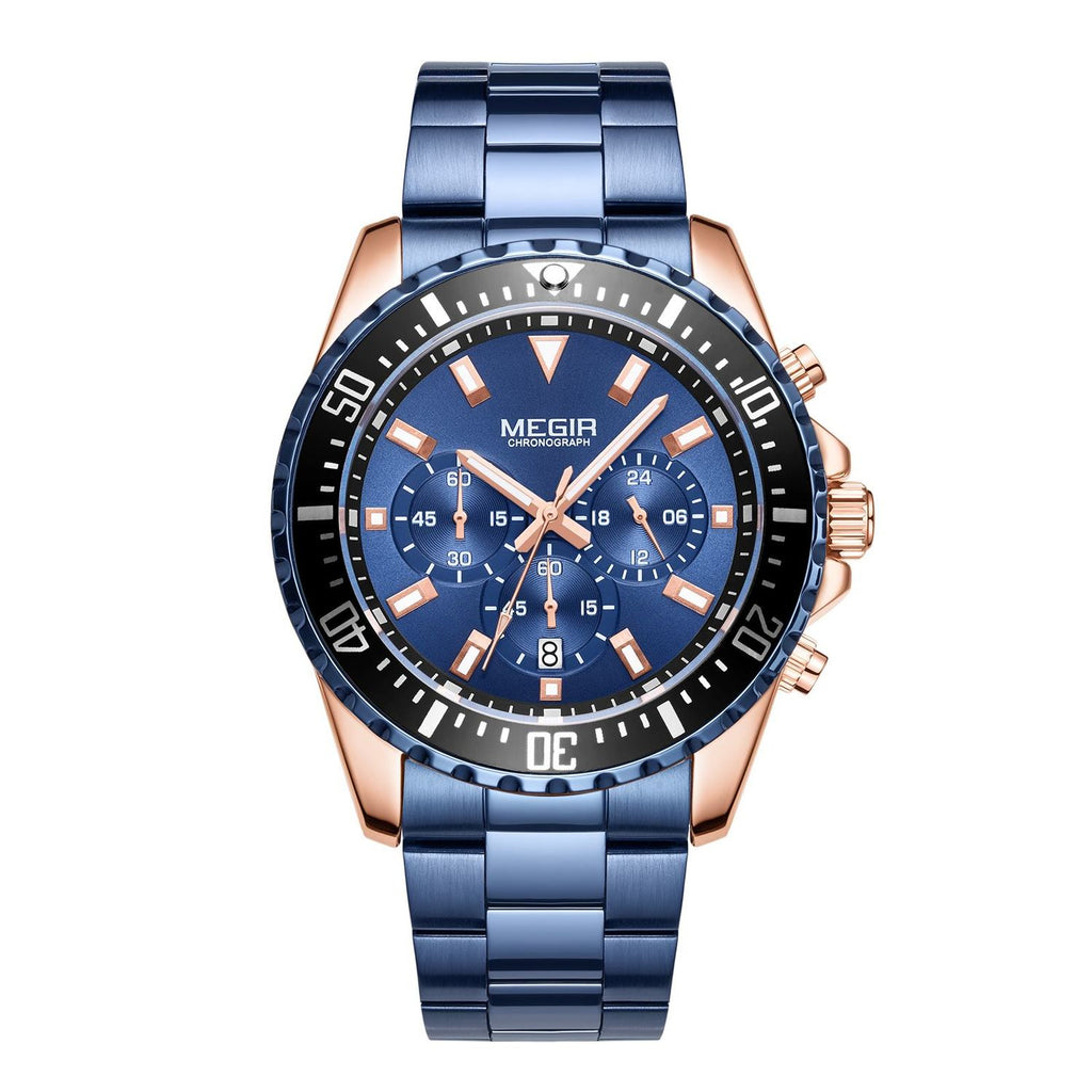 MEGIR 2064 men's chronograph watch, rose-gold and blue case with blue dial and blue steel bracelet, front studio view