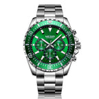MEGIR 2064 men's chronograph watch, silver case with green dial and stainless steel bracelet, front studio view