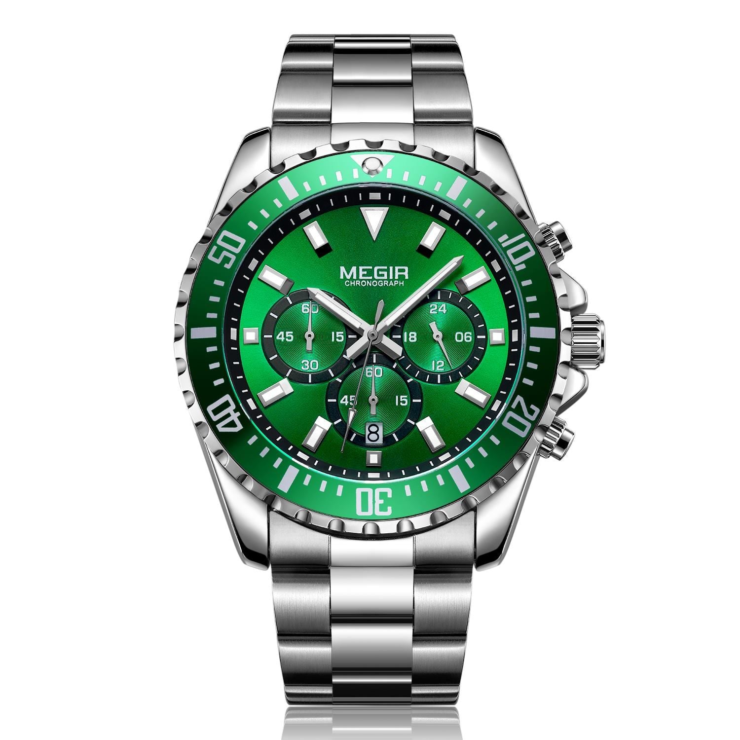 MEGIR 2064 men's chronograph watch, silver case with green dial and stainless steel bracelet, front studio view
