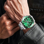 MEGIR 2064 men's chronograph watch on the wrist, silver case with green dial and stainless steel bracelet