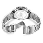 MEGIR 2064 men's chronograph watch caseback with engravings and stainless steel bracelet with clasp