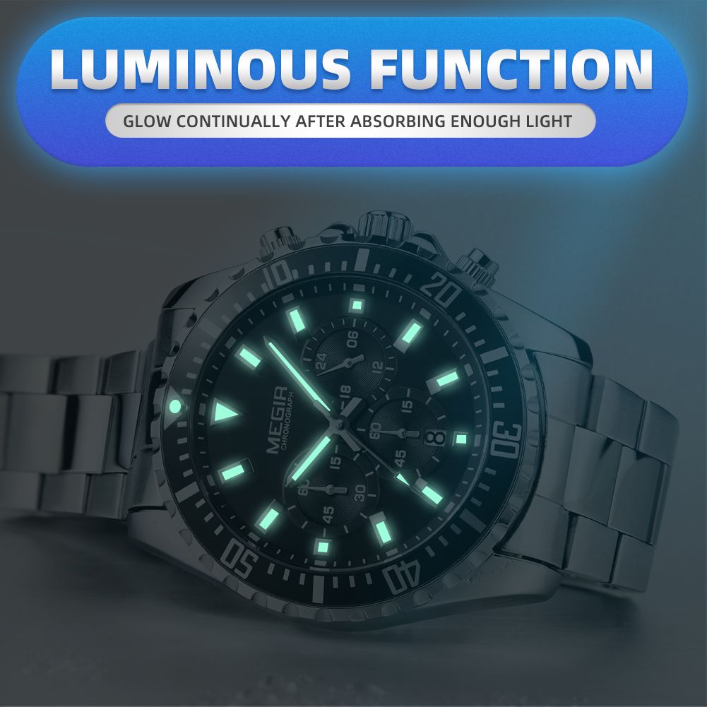 MEGIR 2064 men's chronograph watch feature graphic showing luminous hands and markers glowing in the dark