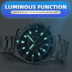 MEGIR 2064 men's chronograph watch feature graphic showing luminous hands and markers glowing in the dark