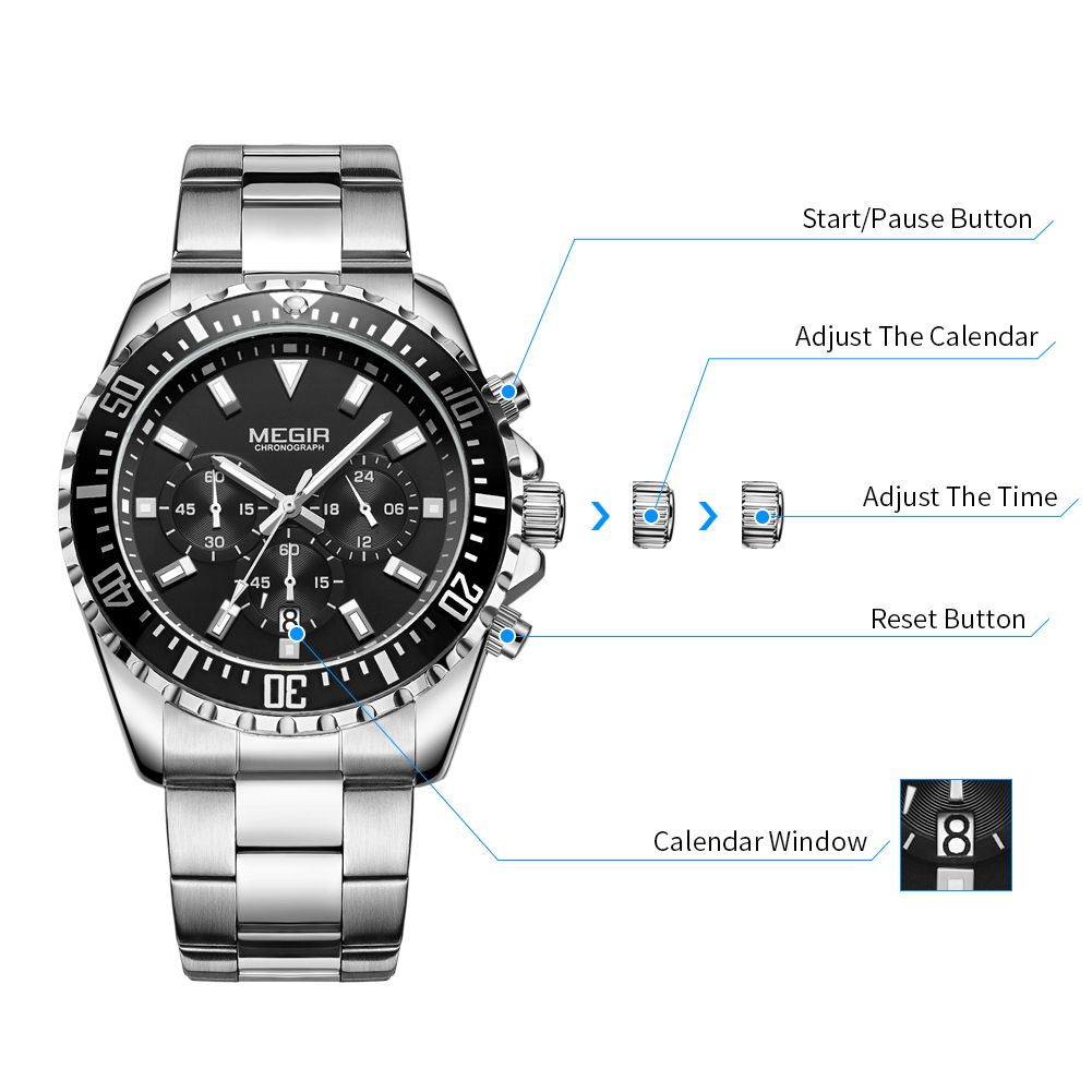 MEGIR 2064 men's chronograph watch operation graphic showing the start, calendar, time and reset buttons