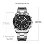 MEGIR 2064 men's chronograph watch parameters graphic with case diameter, thickness and band length