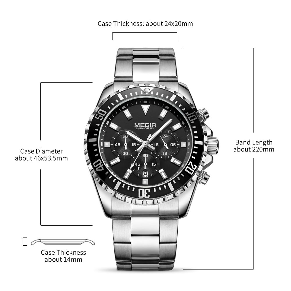 MEGIR 2064 men's chronograph watch parameters graphic with case diameter, thickness and band length