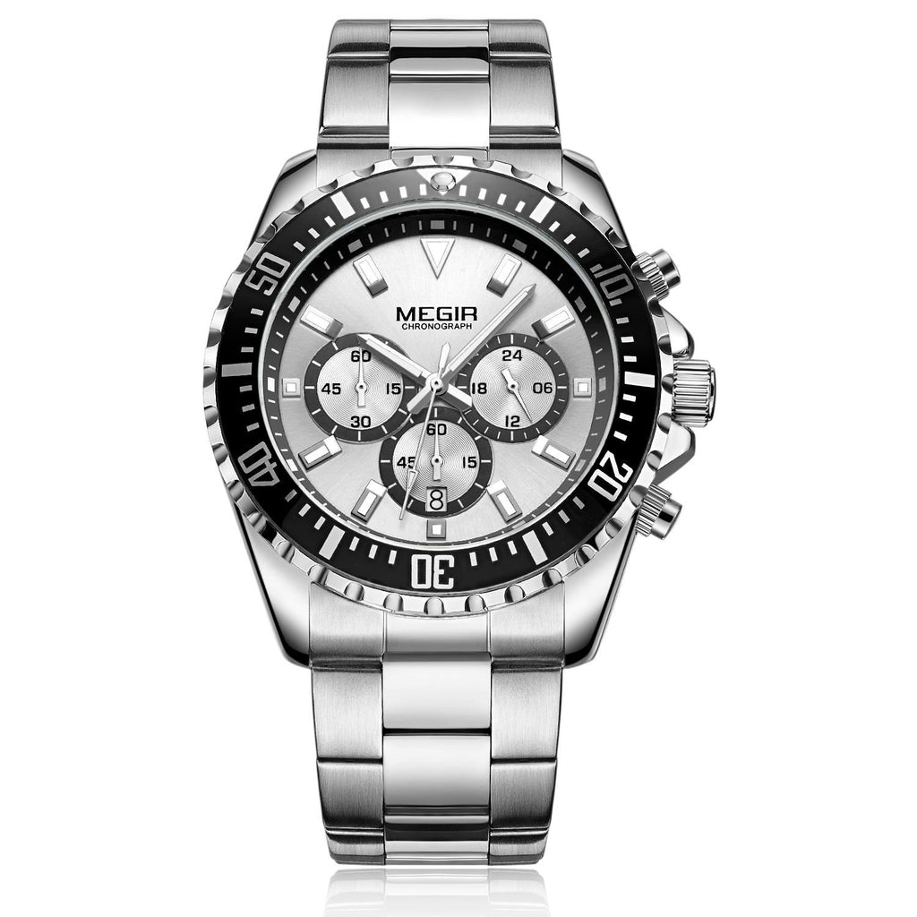 MEGIR 2064 men's chronograph watch, silver case with silver dial and stainless steel bracelet, front studio view