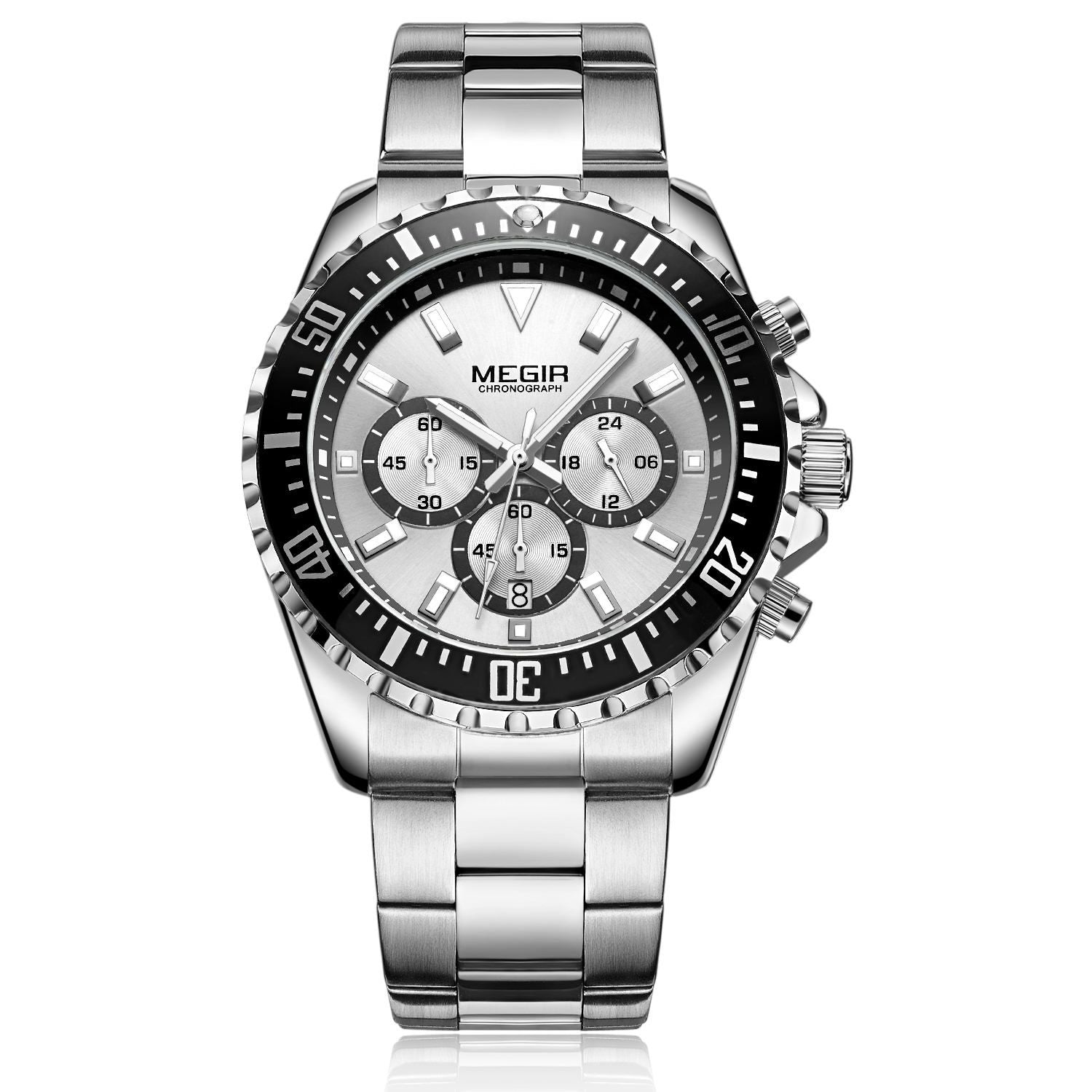 MEGIR 2064 men's chronograph watch, silver case with silver dial and stainless steel bracelet, front studio view