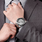 MEGIR 2064 men's chronograph watch on the wrist, silver case with silver dial and stainless steel bracelet