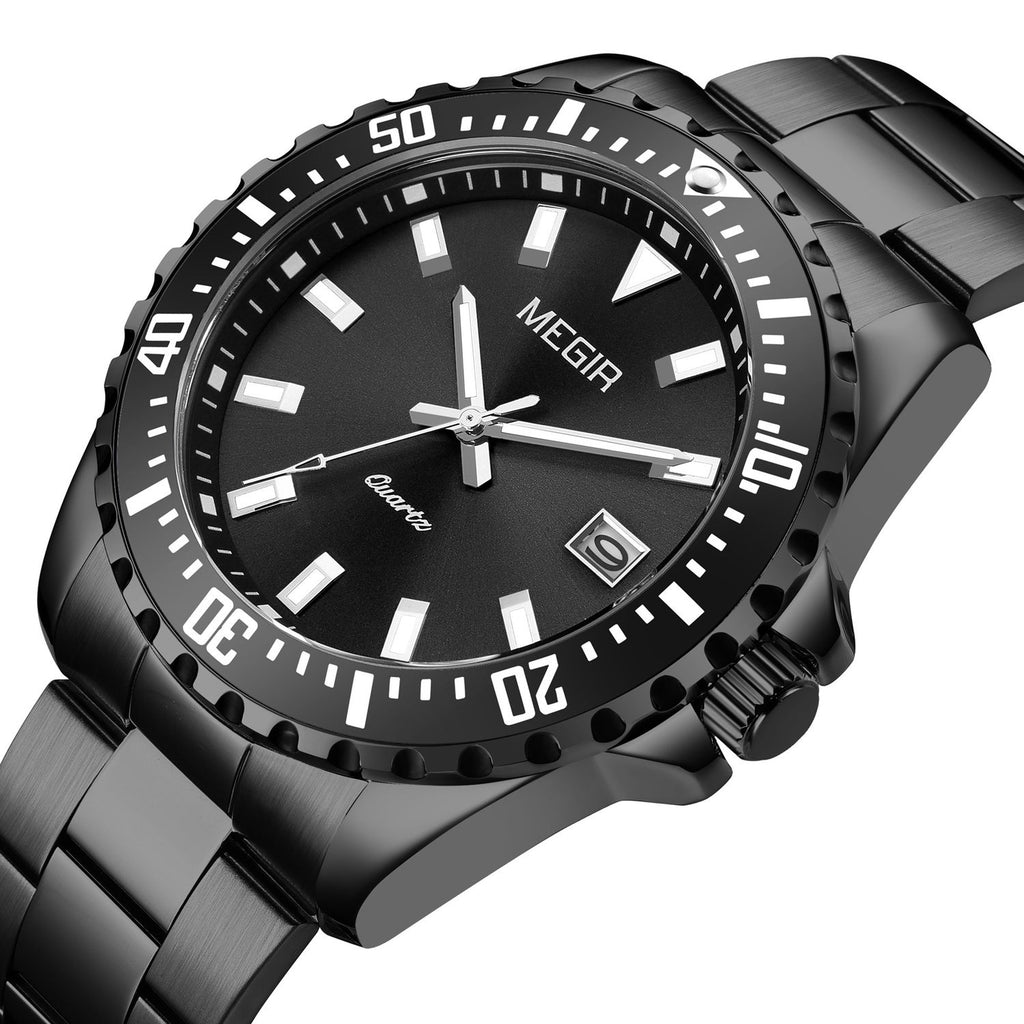 MEGIR 2064AG men's dive watch, all-black case with black dial and black stainless steel bracelet, angled view