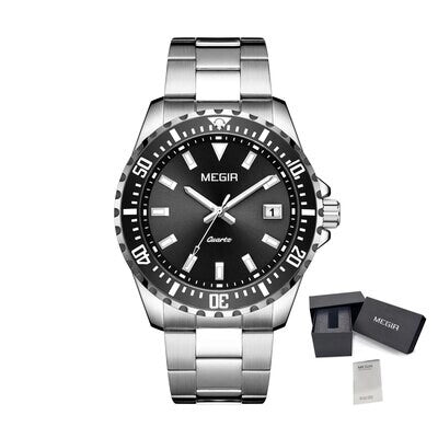 MEGIR 2064AG men's dive watch, silver case with black dial and stainless steel bracelet, with gift box