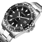 MEGIR 2064AG men's dive watch, silver case with black dial and stainless steel bracelet, angled view
