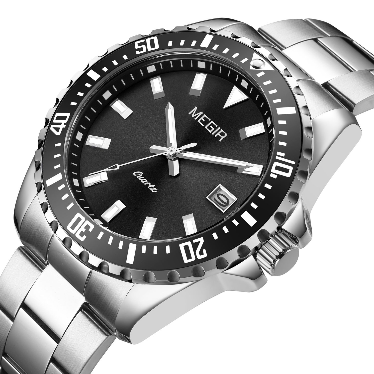 MEGIR 2064AG men's dive watch, silver case with black dial and stainless steel bracelet, angled view