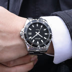 MEGIR 2064AG men's dive watch on the wrist, silver case with black dial and stainless steel bracelet