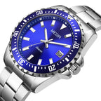 MEGIR 2064AG men's dive watch, silver case with blue dial and stainless steel bracelet, angled view