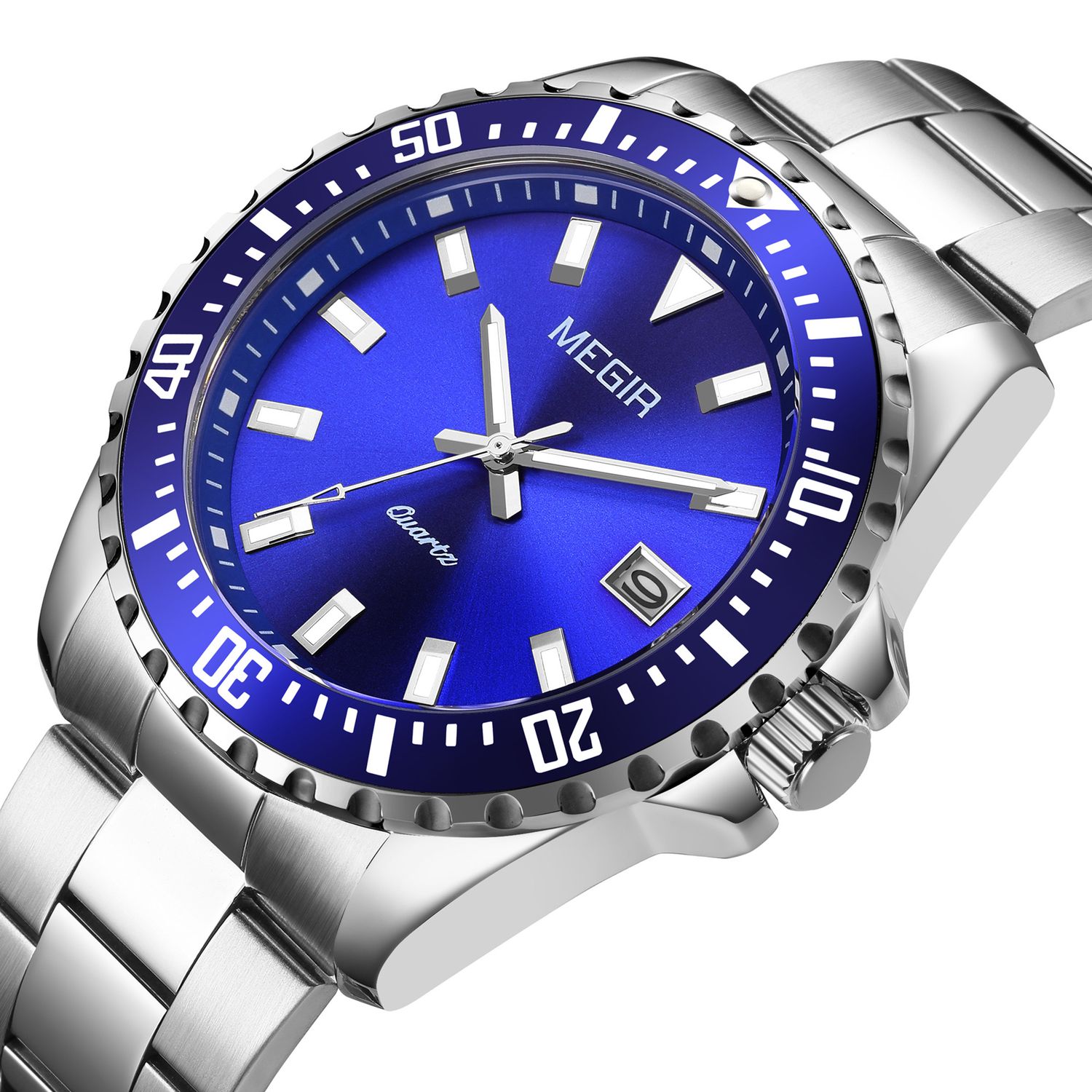 MEGIR 2064AG men's dive watch, silver case with blue dial and stainless steel bracelet, angled view