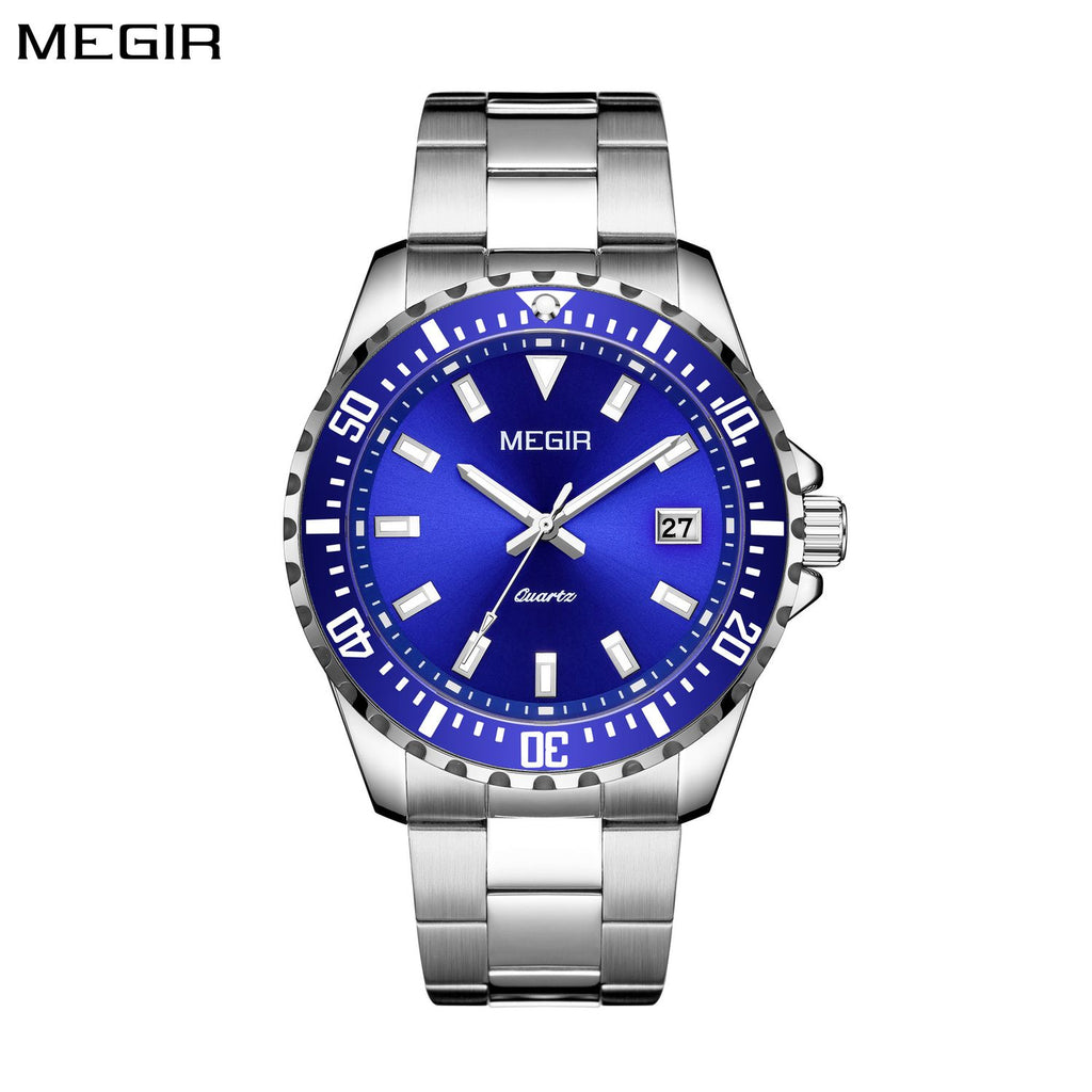 MEGIR 2064AG men's dive watch, silver case with blue dial and stainless steel bracelet, front studio view