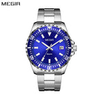 MEGIR 2064AG men's dive watch, silver case with blue dial and stainless steel bracelet, front studio view
