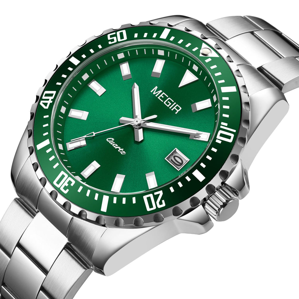 MEGIR 2064AG men's dive watch, silver case with green dial and stainless steel bracelet, angled view