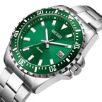 MEGIR 2064AG men's dive watch, silver case with green dial and stainless steel bracelet, angled view