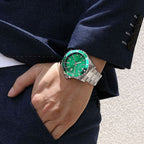 MEGIR 2064AG men's dive watch on the wrist, silver case with green dial and stainless steel bracelet