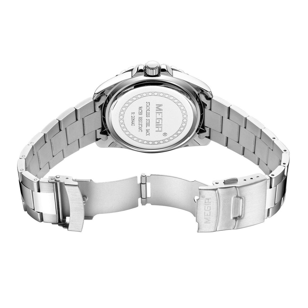 MEGIR 2064AG men's dive watch caseback with engravings and stainless steel bracelet with clasp