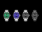 MEGIR 2064AG men's dive watch shown in green, blue, black-silver and all-black colour options