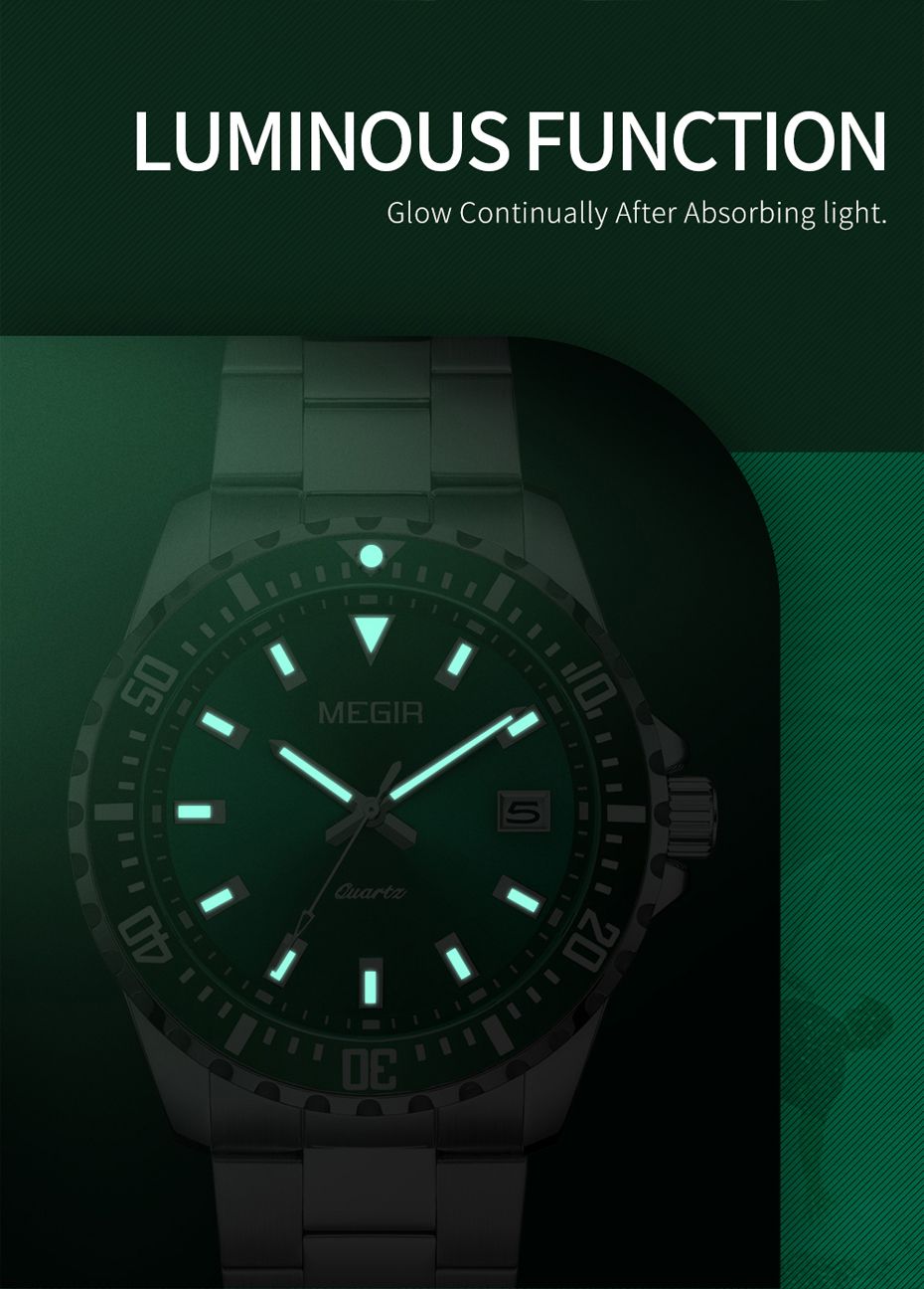 MEGIR 2064AG men's dive watch feature graphic showing luminous hands and markers glowing in the dark