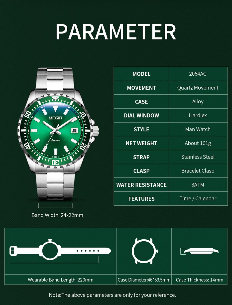 MEGIR 2064AG men's dive watch parameters graphic with case diameter, thickness, band width and length