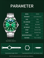 MEGIR 2064AG men's dive watch parameters graphic with case diameter, thickness, band width and length