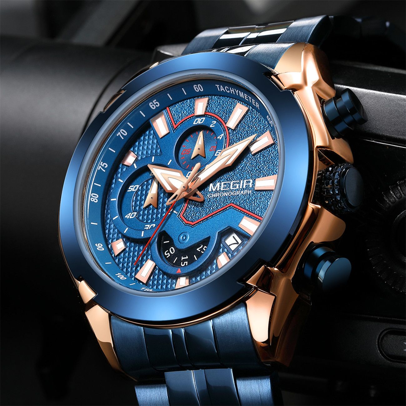 MEGIR 2065 men's chronograph watch, rose-gold and blue case with blue dial and blue steel bracelet, angled view