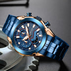 MEGIR 2065 men's chronograph watch, rose-gold and blue case with blue dial and blue steel bracelet, three-quarter view