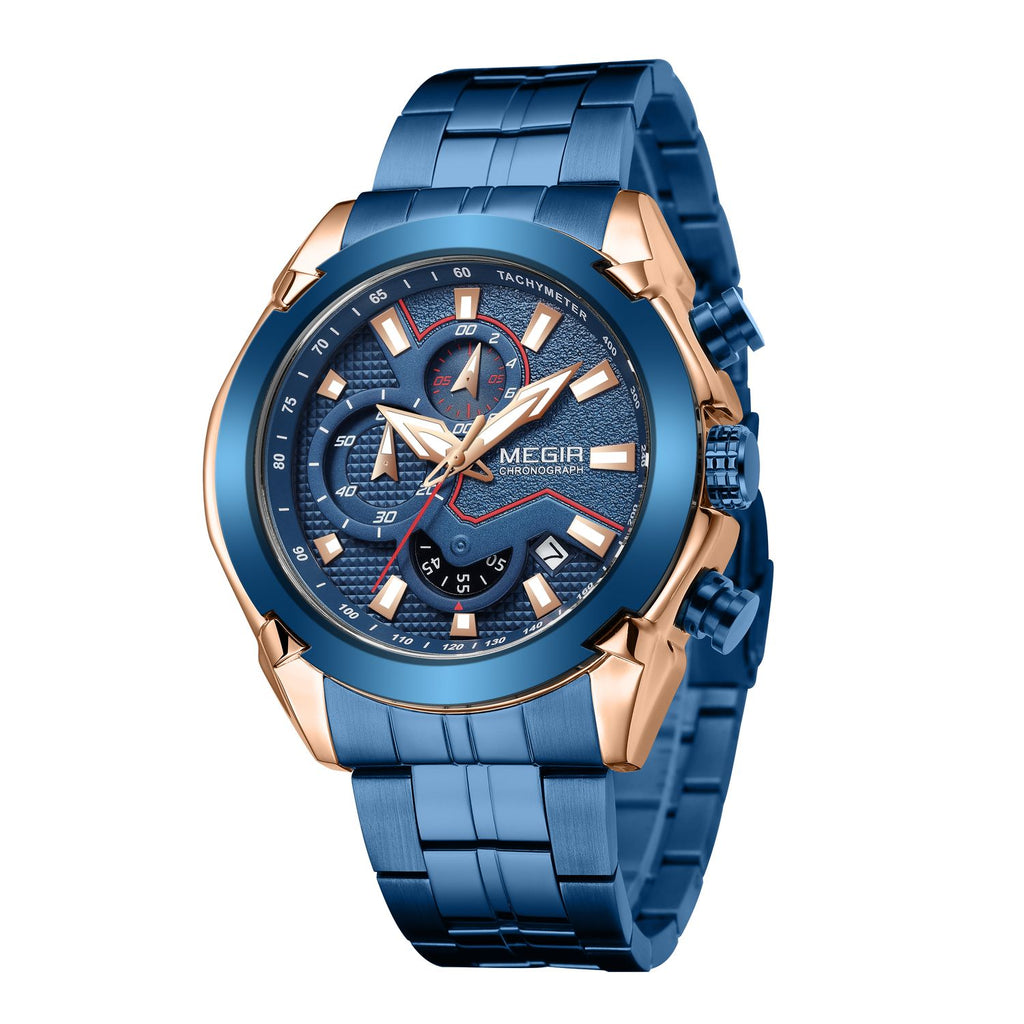 MEGIR 2065 men's chronograph watch, rose-gold and blue case with blue dial and blue steel bracelet, side angle view