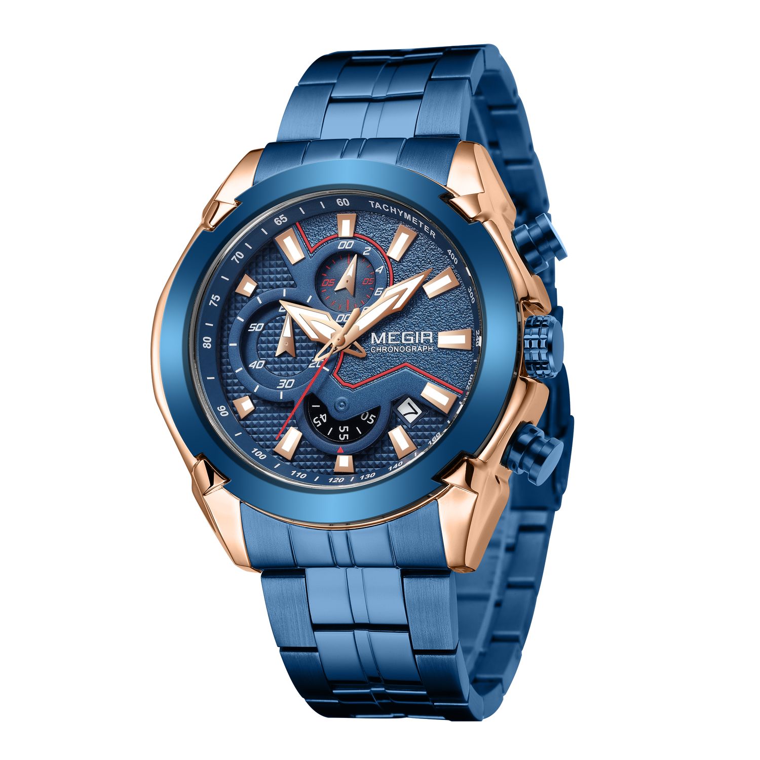 MEGIR 2065 men's chronograph watch, rose-gold and blue case with blue dial and blue steel bracelet, side angle view