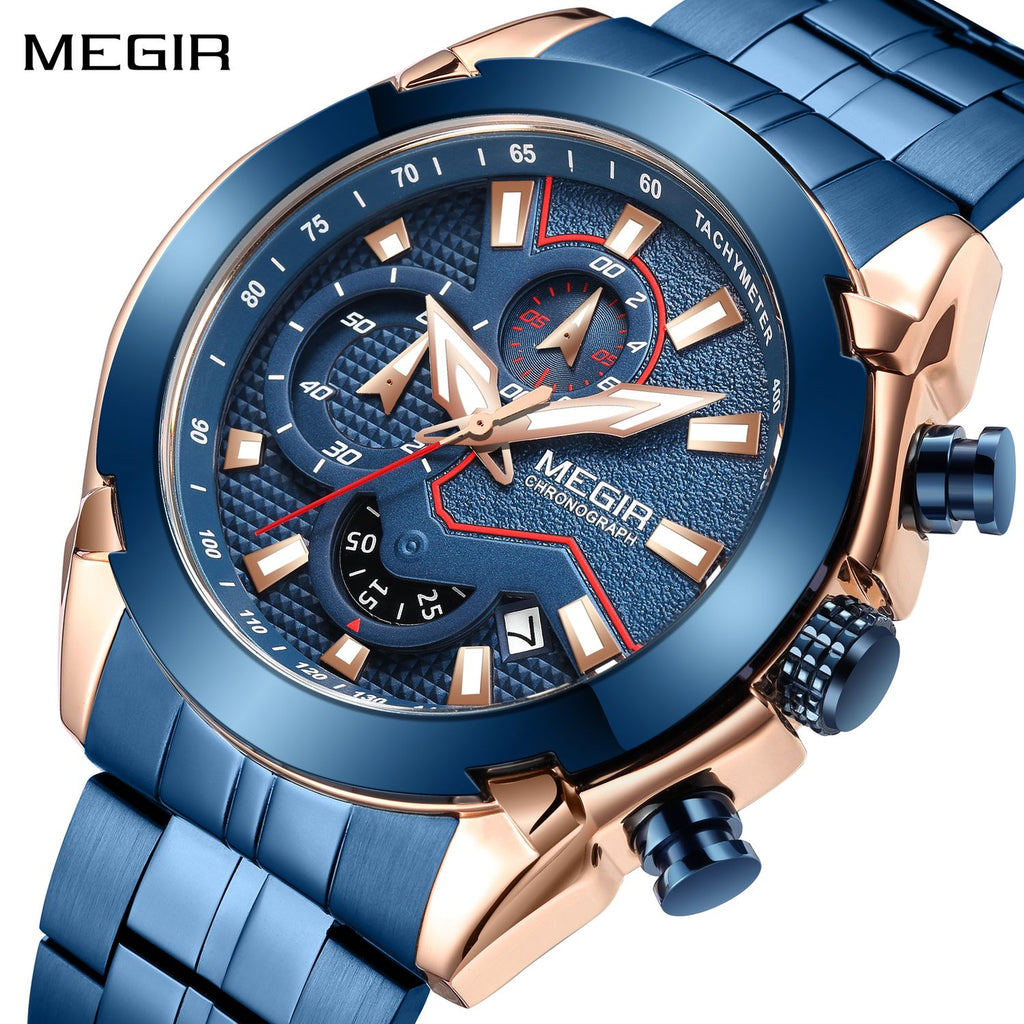 MEGIR 2065 men's chronograph watch, rose-gold and blue case with blue dial and blue steel bracelet, front studio view