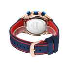 MEGIR 2065 men's chronograph watch caseback with engravings and blue and red silicone strap with rose-gold buckle
