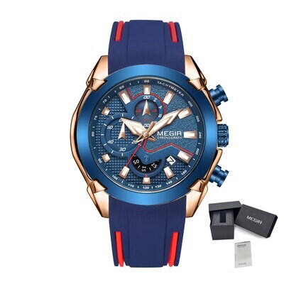 MEGIR 2065 men's chronograph watch, rose-gold and blue case with blue dial and blue silicone strap, with gift box
