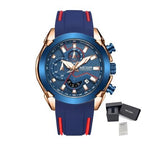 MEGIR 2065 men's chronograph watch, rose-gold and blue case with blue dial and blue silicone strap, with gift box