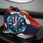 MEGIR 2065 men's chronograph watch, rose-gold and blue case with blue dial and blue silicone strap, angled view