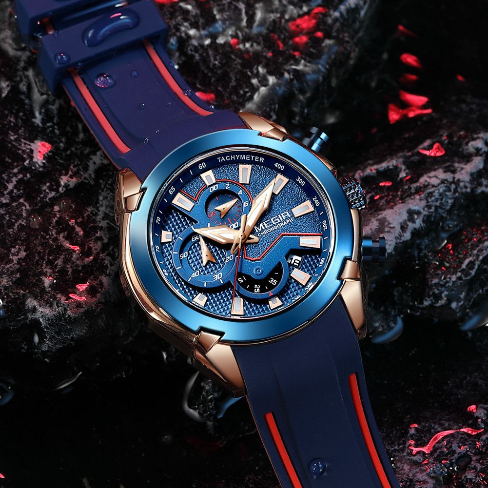 MEGIR 2065 men's chronograph watch, rose-gold and blue case with blue dial and blue and red silicone strap, close-up
