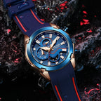 MEGIR 2065 men's chronograph watch, rose-gold and blue case with blue dial and blue and red silicone strap, close-up