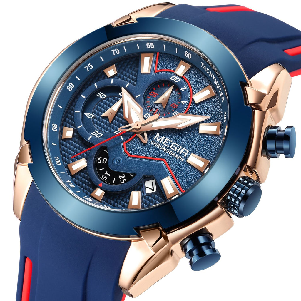 MEGIR 2065 men's chronograph watch, rose-gold and blue case with blue dial and blue silicone strap, three-quarter view