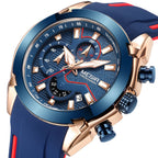 MEGIR 2065 men's chronograph watch, rose-gold and blue case with blue dial and blue silicone strap, three-quarter view