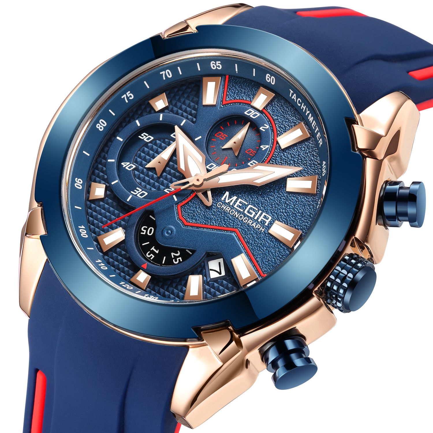 MEGIR 2065 men's chronograph watch, rose-gold and blue case with blue dial and blue silicone strap, three-quarter view