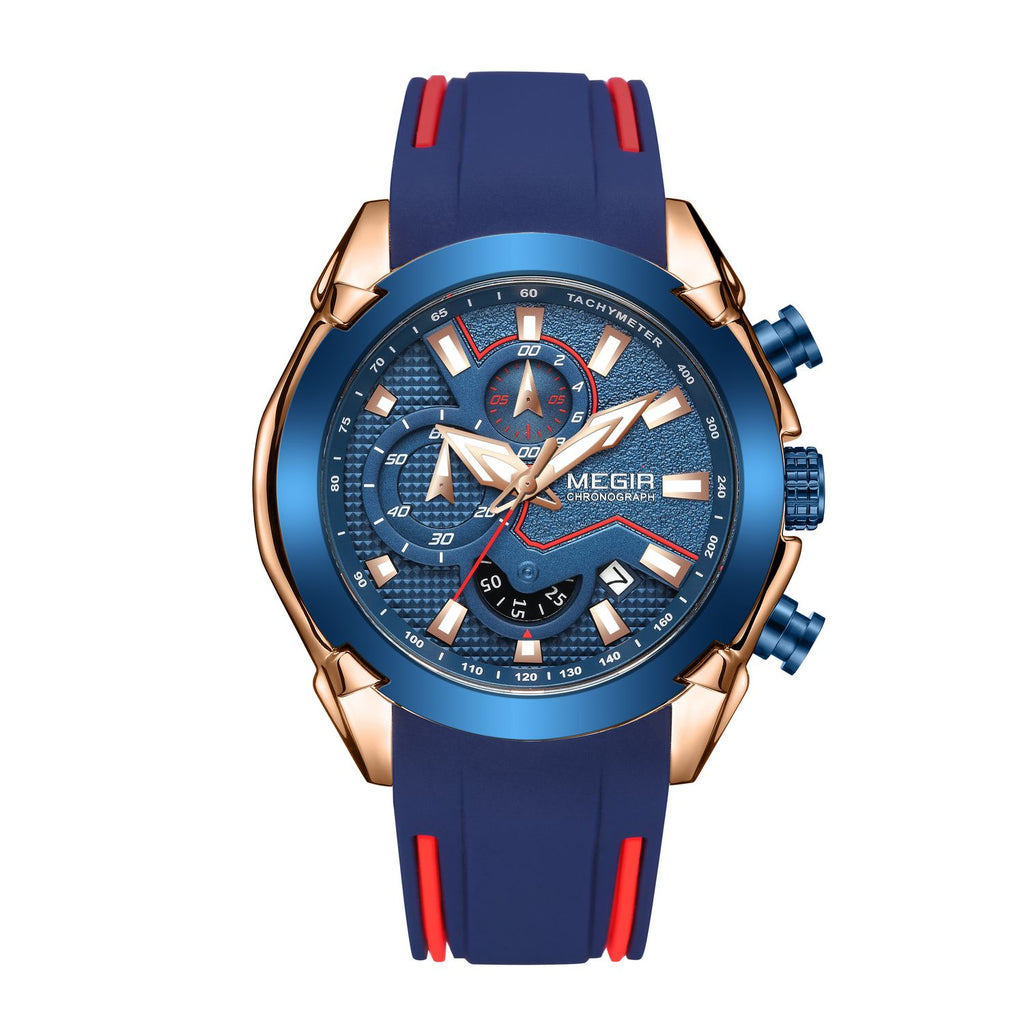 MEGIR 2065 men's chronograph watch, rose-gold and blue case with blue dial and blue silicone strap, front view